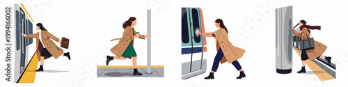 Illustrations of a young business woman in a trench coat rushing to catch a subway train at a metro station