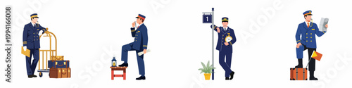 Flat vector illustration set of professional train conductors in blue uniforms with luggage, whistles, and station equipment, isolated on a white background.