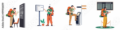 Illustrations of confused backpackers at airports and stations looking for directions, checking departure boards, and using information kiosks while traveling.