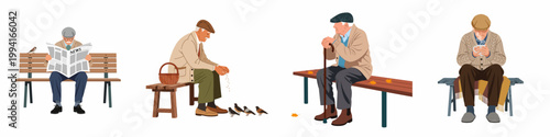 Set of Vector Illustrations Featuring Elderly Men Sitting on Park Benches Reading, Feeding Pigeons, Using a Cane, and Drinking Coffee.