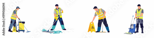Professional male cleaners in safety vests performing floor maintenance tasks with mops, cleaning carts, and wet floor caution signs, flat vector illustration.