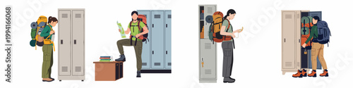 Collection of flat vector illustrations depicting female backpackers using lockers to store and organize their hiking gear and equipment for travel adventures.