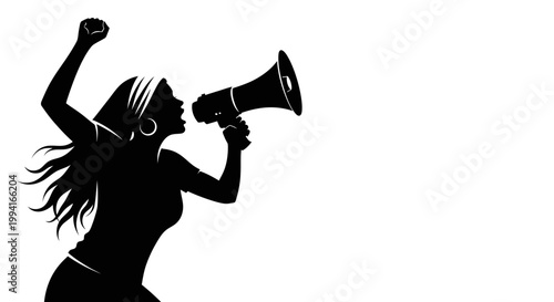 Silhouette of a woman protesting with a megaphone and raised fist.