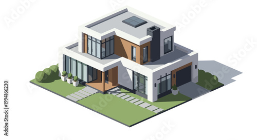 Modern Isometric House Illustration, Contemporary Luxury Two-Story Villa with Flat Roof and Garden