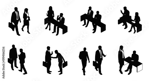 silhouettes of business people in meetings and walking illustrating teamwork and collaboration