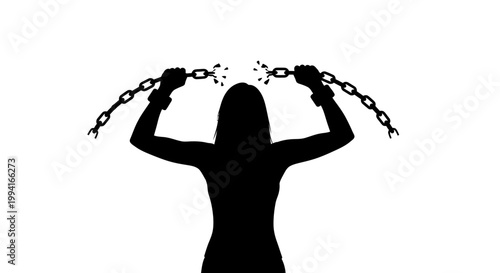 Silhouette of a woman breaking chains symbolizing freedom and liberation.