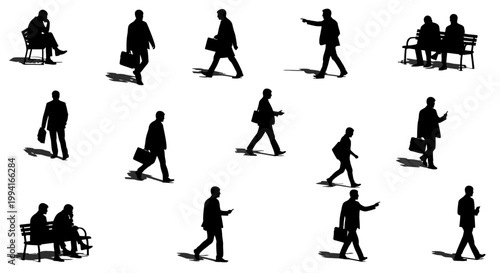 vector set of business people silhouettes in various poses like walking sitting and pointing for corporate design