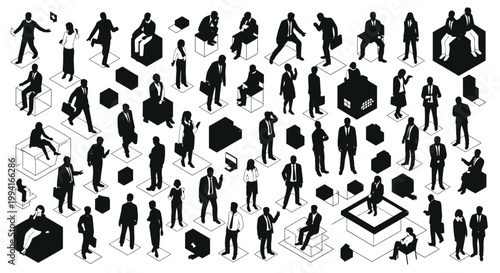 isometric business people in silhouette working and interacting in a minimalist 3d environment