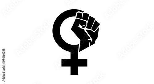 Black and white feminist power symbol with a raised fist.