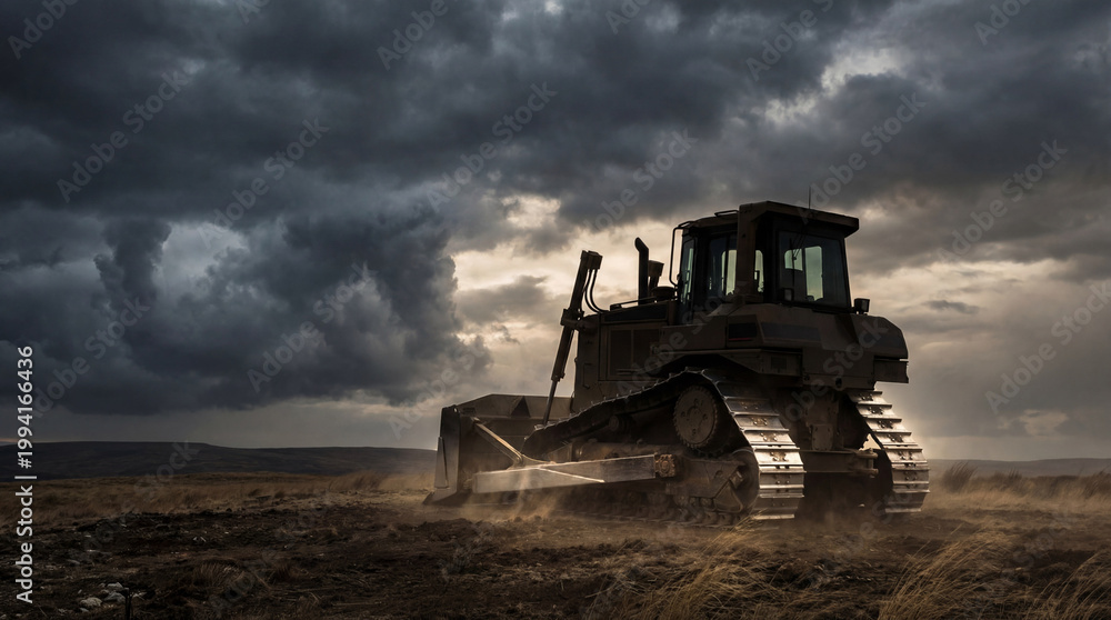 Fototapeta premium Heavy Duty Bulldozer in Epic Stormy Plateau Setting for Cinematic Construction Equipment Visuals