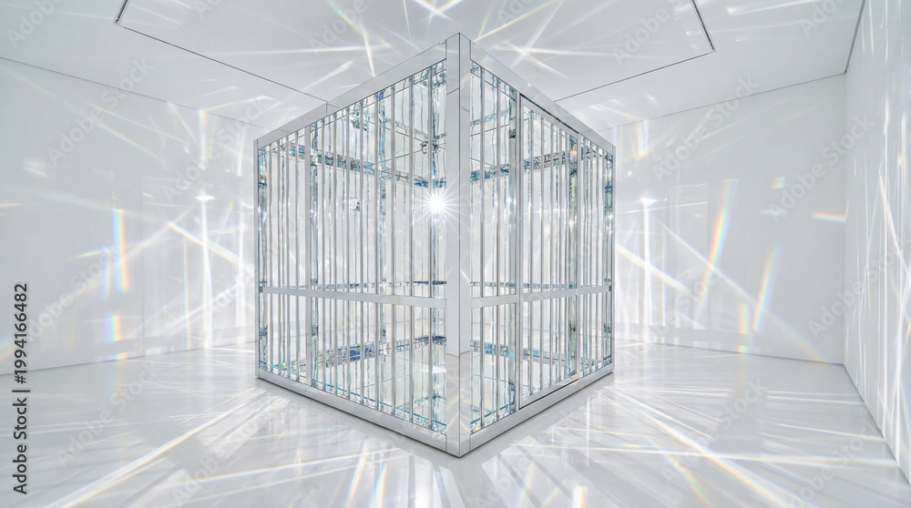 Fototapeta premium Highly reflective mirrored panel cage sitting in empty white room surreal light reflections artistic installation
