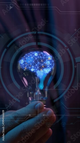 Businessman showing AI artificial intelligence icon in glowing light bulb. Machine learning concept, big data, innovation technology, cloud computing, futuristic, internet network communication.