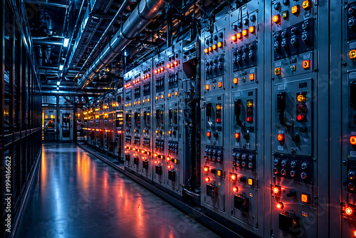 AI generated modern industrial control room with long electrical panels glowing indicator lights advanced power system technology infrastructure and energy management environment