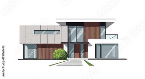 Modern Minimalist Two-Story House Vector Illustration with Large Windows and Wood Paneling - Contemporary Luxury Residential Building Design