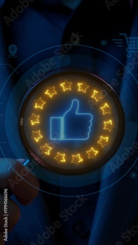 Customer satisfaction survey concept. Service experience rating. Satisfaction feedback review, good quality most. Businessman showing animation of excellent stars ratings with thumb up icon.