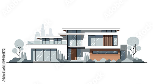 Modern Luxury Residential House Vector Illustration with Minimalist Architectural Facade and Garden
