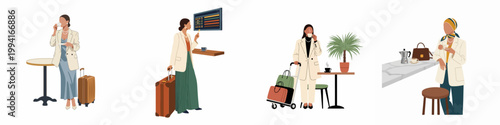 Elegant Business Women Traveling, Drinking Coffee in Airport Lounges and Cafes with Luggage, Flat Illustration Set