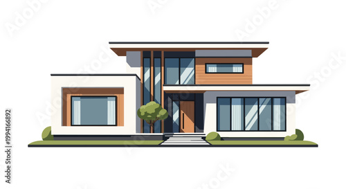 Modern Minimalist Two-Story House Architecture Vector Illustration with Wood Accents and Large Glass Windows on White Background