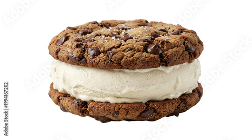 A delicious homemade chocolate chip cookie ice cream sandwich on a white background.