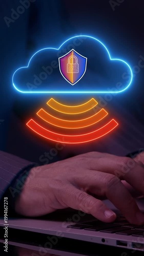 Businessman working with laptop to show animation of cloud computing for download and upload database of business. Global internet connection technology, digital marketing, Financial and big data.