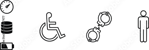 Accessibility and restriction icons set with wheelchair symbol, handcuffs, user figure, battery, database, and clock for disability access, security, and system concepts