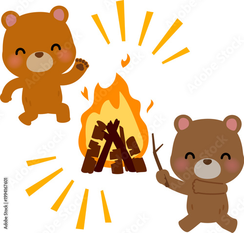 焚火の周りで踊るクマのキャラクター