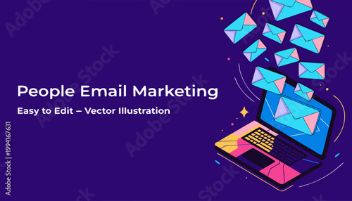 A colorful vector illustration of a laptop sending out emails for marketing purposes