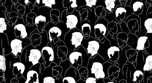 A large crowd of people with diverse hairstyles and facial expressions are illustrated in black and white.