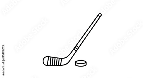 A simple black and white line drawing depicts a hockey stick leaning over a small puck high quality
