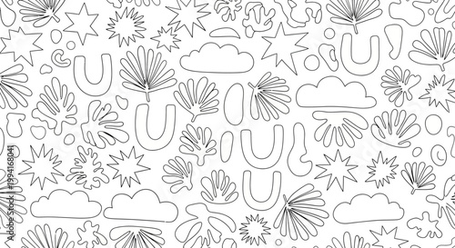 Colorful illustration of various celestial and floral patterns with clouds and stars