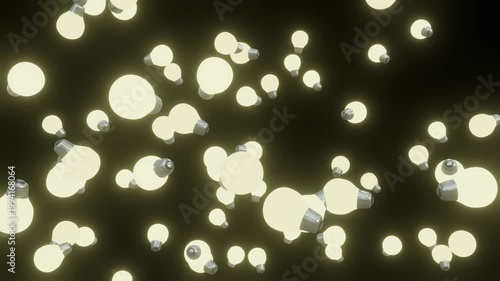 Glowing 3D Light Bulbs Flying and Scattering on Black Background