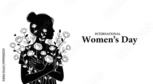 Black and white illustration of a woman with floral hair and clothing for International Womens Day.