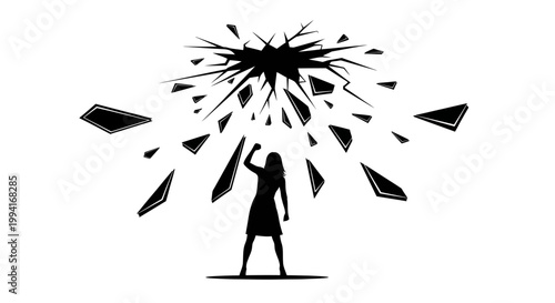 Silhouette of a woman breaking a glass ceiling.