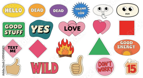 Colorful emoticon stickers arranged on a surface in various shapes