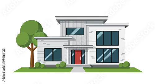 Modern Two-Story Residential House Vector Illustration with Contemporary Architecture and Red Door