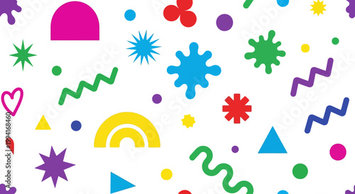 Colorful shapes and symbols create a vibrant hgfjd pattern