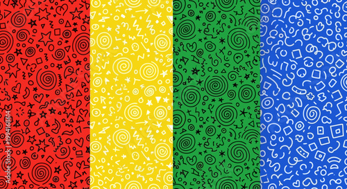 Vibrant colorful patterns on fabric with red, yellow, green, blue hues and intricate designs