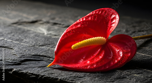Vibrant red anthurium flower with water droplets on dark textured stone background in low key lighting.