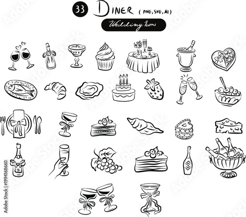 Hand Drawn Wedding Diner Icons Set, Food and Drink Bridal Doodle Collection