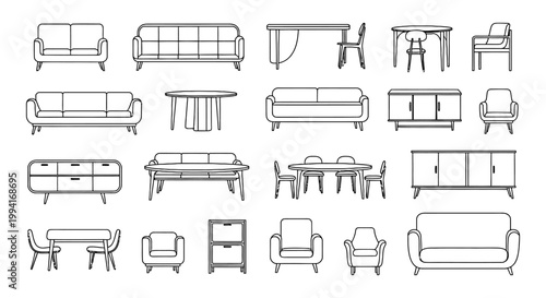 minimalist furniture line art icons for home interior design and modern architectural floor plans vector collection