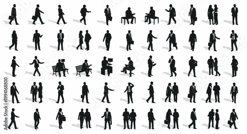 diverse collection of business professionals in silhouette walking and standing isolated