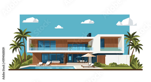 Modern Luxury Villa Architecture with Swimming Pool and Tropical Palm Trees Vector Illustration