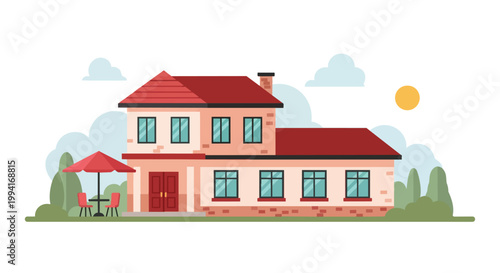 Modern Two Story Family House Illustration with Red Roof and Outdoor Patio Seating Area
