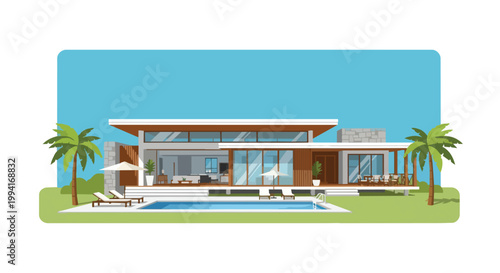 Modern Luxury Villa House with Swimming Pool and Palm Trees Architectural Vector Illustration