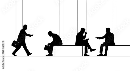 puppet businessmen on strings a silhouette concept of corporate control and manipulation in the modern workplace.