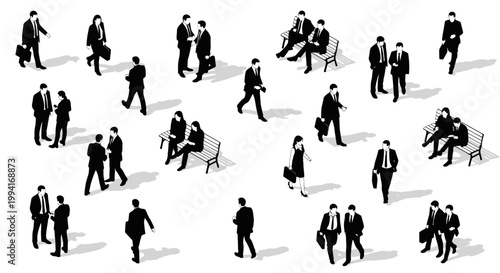 black silhouette business people an isometric vector of men and women walking and interacting ideal for corporate design.