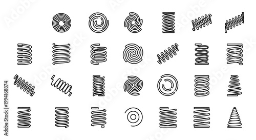 collection of spring coil icons illustrating diverse helical spiral and conical shapes for mechanical engineering and graphic design.