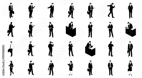 business people isometric vector set showcasing professional silhouettes for corporate office work and daily communication needs