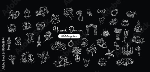 Hand Drawn Wedding Icons Set, Romantic Bridal Doodle Collection