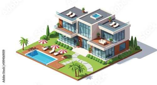 Modern Luxury Villa Isometric Vector Illustration with Private Swimming Pool and Tropical Garden